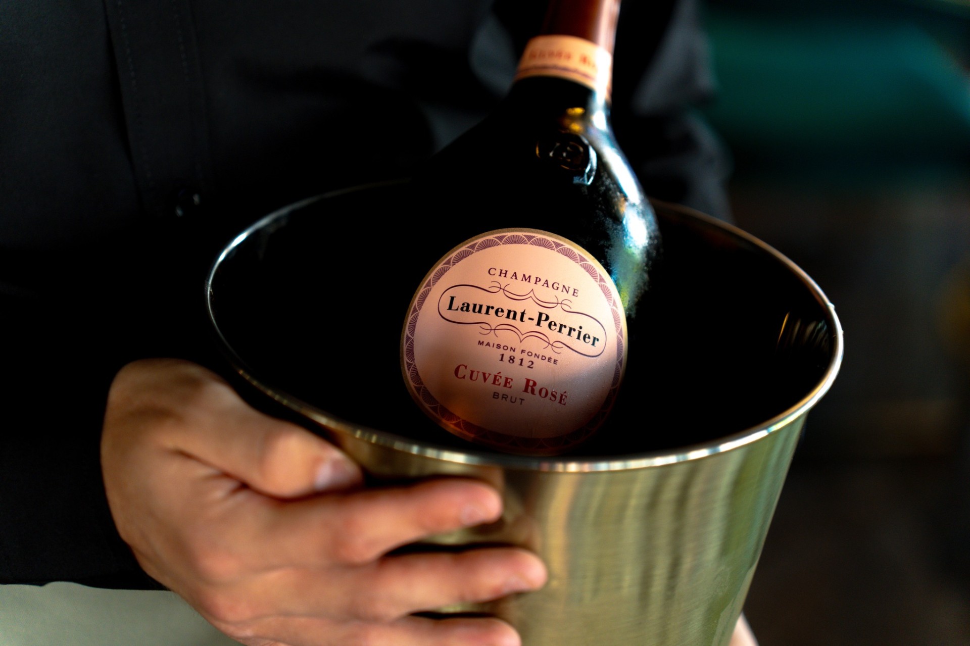 Laurent-Perrier Cuvée Rosé champagne served in a chilled bucket at Lara Bistro